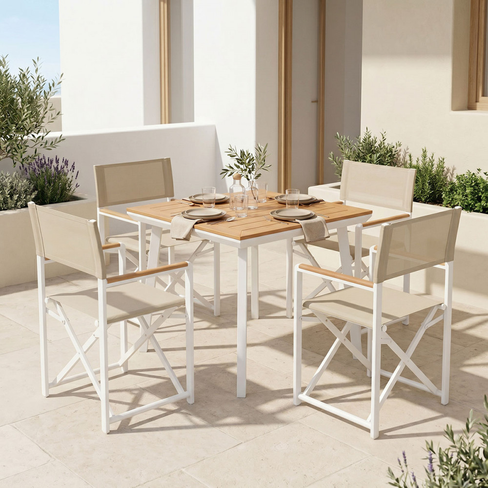 Mabu-Synergy dining table set of 5 pakoworld white aluminum and plywood in natural color 80x80x74cm