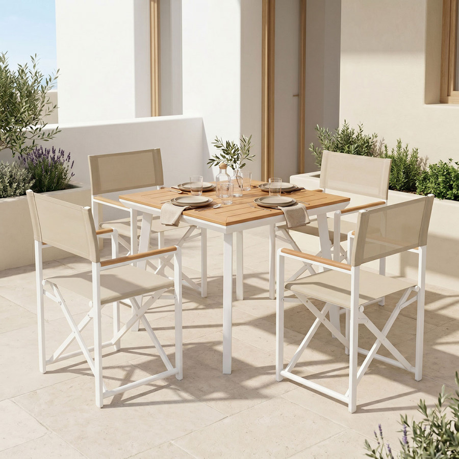 Mabu-Synergy dining table set of 5 pakoworld white aluminum and plywood in natural color 80x80x74cm
