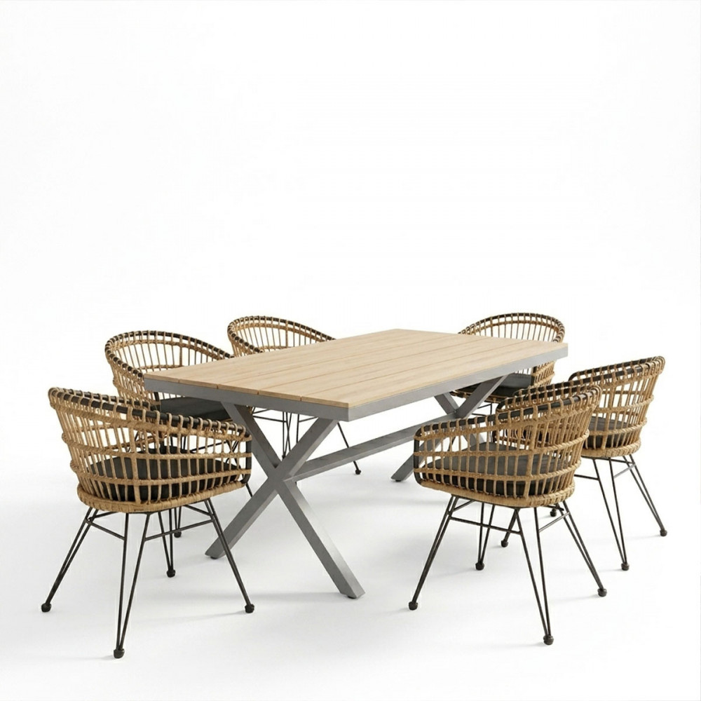 Naoki-Thorio dining table set of 7 pakoworld anthracite aluminum and plywood in a natural shade 160x90x75cm