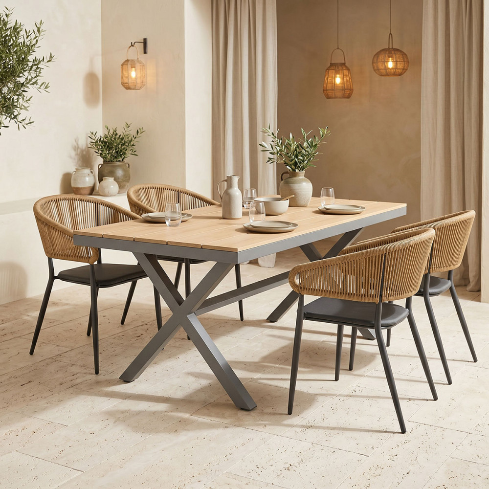 Dining table Raven - Thorio set of 5 pakoworld anthracite aluminum and plywood in natural shade 160x90x75cm