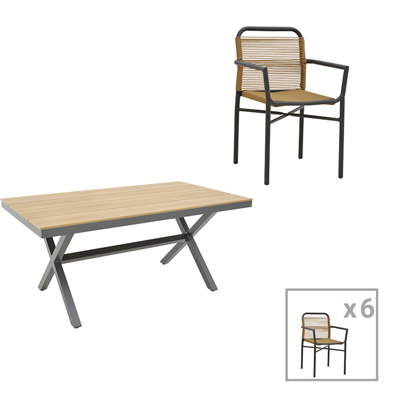 Dining table Clutch - Thorio set of 7 pakoworld anthracite aluminum and plywood in a natural shade 160x90x75cm Dining table Clutch - Thorio set of 7 pakoworld anthracite aluminum and plywood in a natural shade 160x90x75cm