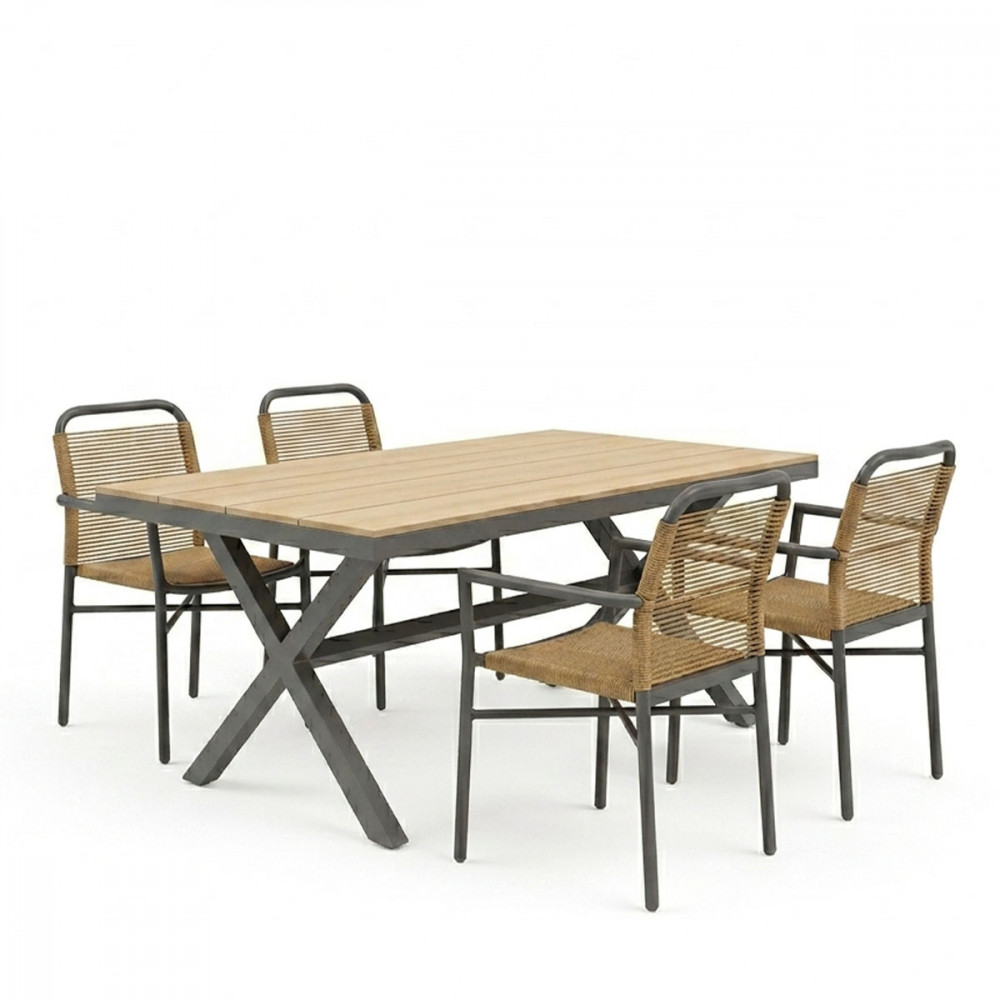 Dining table Clutch - Thorio set of 5 pakoworld anthracite aluminum and plywood in a natural shade 160x90x75cm