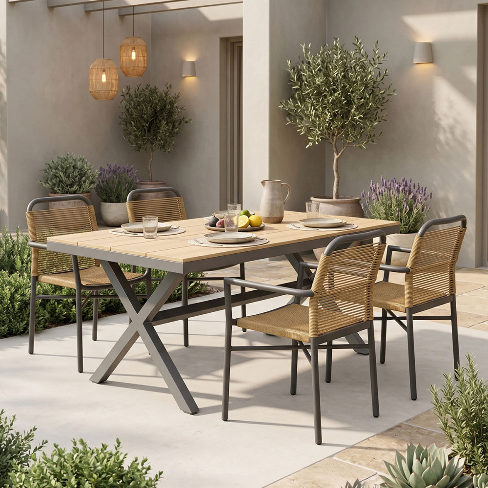 Dining table Clutch - Thorio set of 5 pakoworld anthracite aluminum and plywood in a natural shade 160x90x75cm