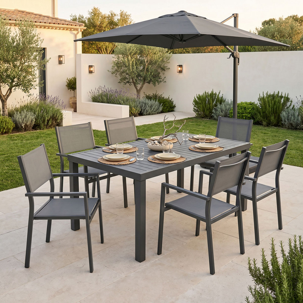 Dining table Moly-Kliton B set of 7 pakoworld aluminum and anthracite textilene 150x80x74cm