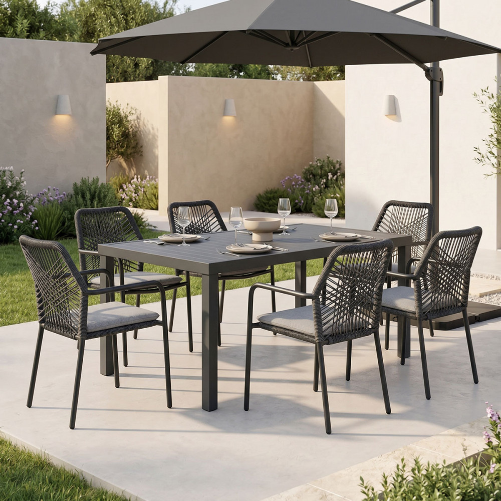 Kherson-Kliton dining table A set of 7 pakoworld aluminum and rope in anthracite shade 150x80x74cm