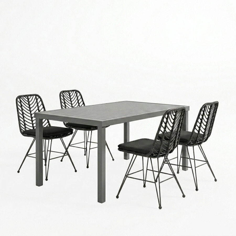 Dining table Naoki-Kliton I set of 5 pakoworld anthracite aluminum and pe rattan in black shade 150x80x74cm