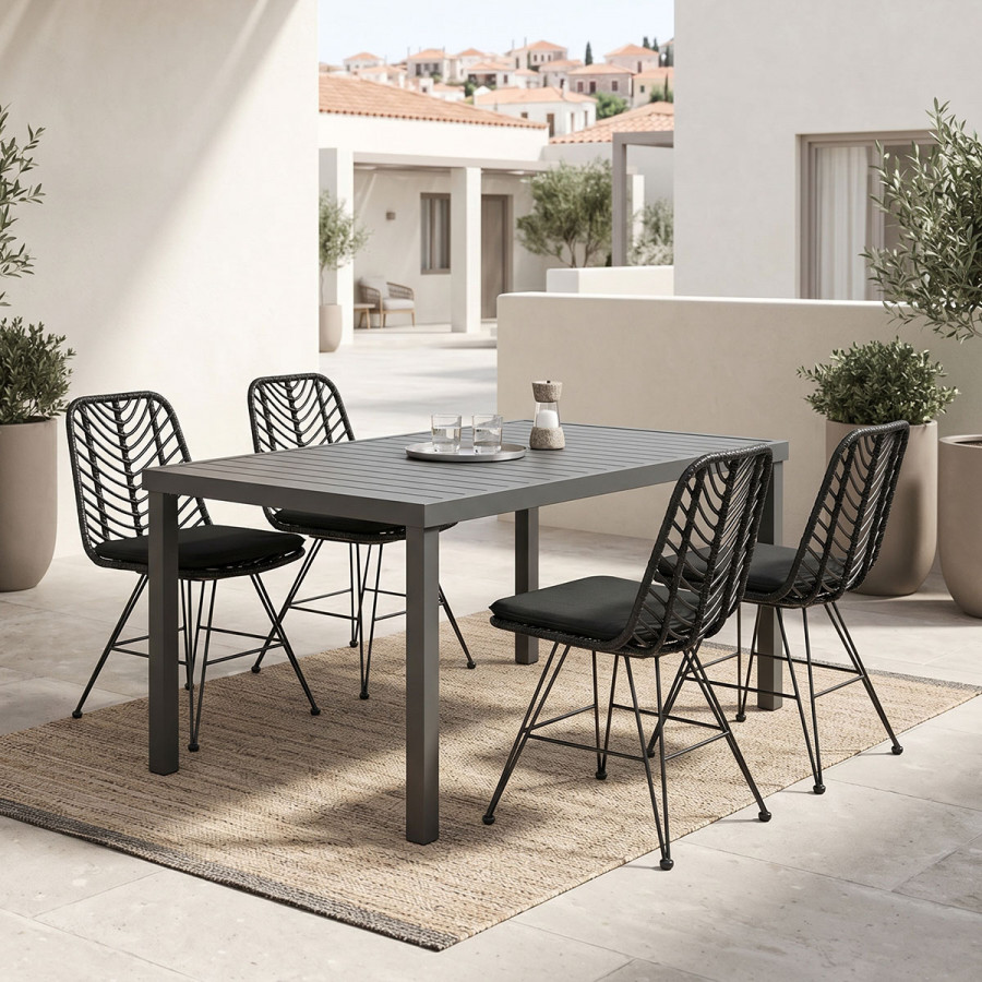Dining table Naoki-Kliton I set of 5 pakoworld anthracite aluminum and pe rattan in black shade 150x80x74cm