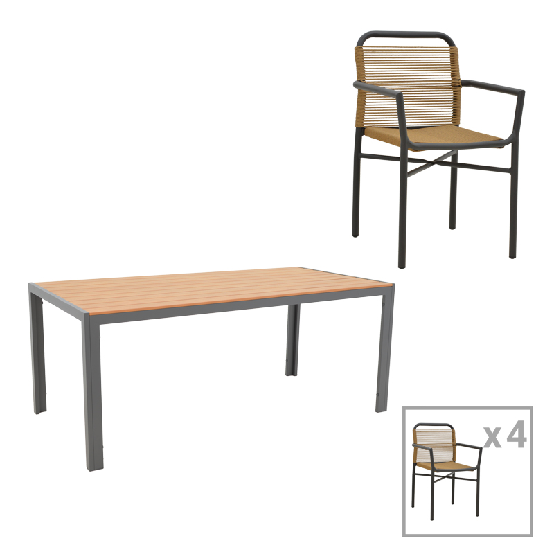 Dining table Nares-Clutch set of 5 pakoworld anthracite aluminum and plywood in natural shade 180x90x72.5cm Dining table Nares-Clutch set of 5 pakoworld anthracite aluminum and plywood in natural shade 180x90x72.5cm