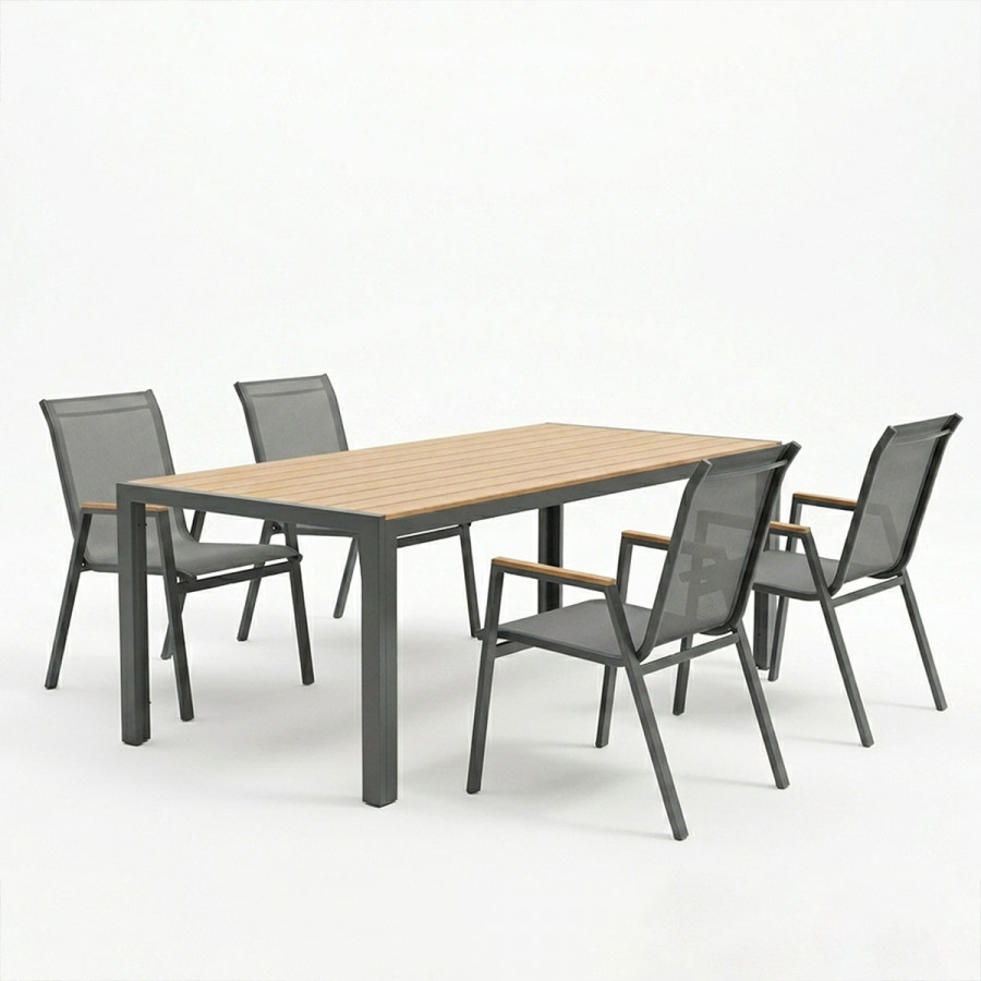 Dining table Nares-Azelie set of 5 pakoworld anthracite aluminum and plywood in natural shade 180x90x72.5cm