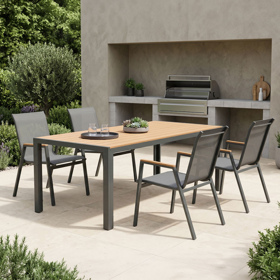 Dining table Nares-Azelie set of 5 pakoworld anthracite aluminum and plywood in natural shade 180x90x72.5cm