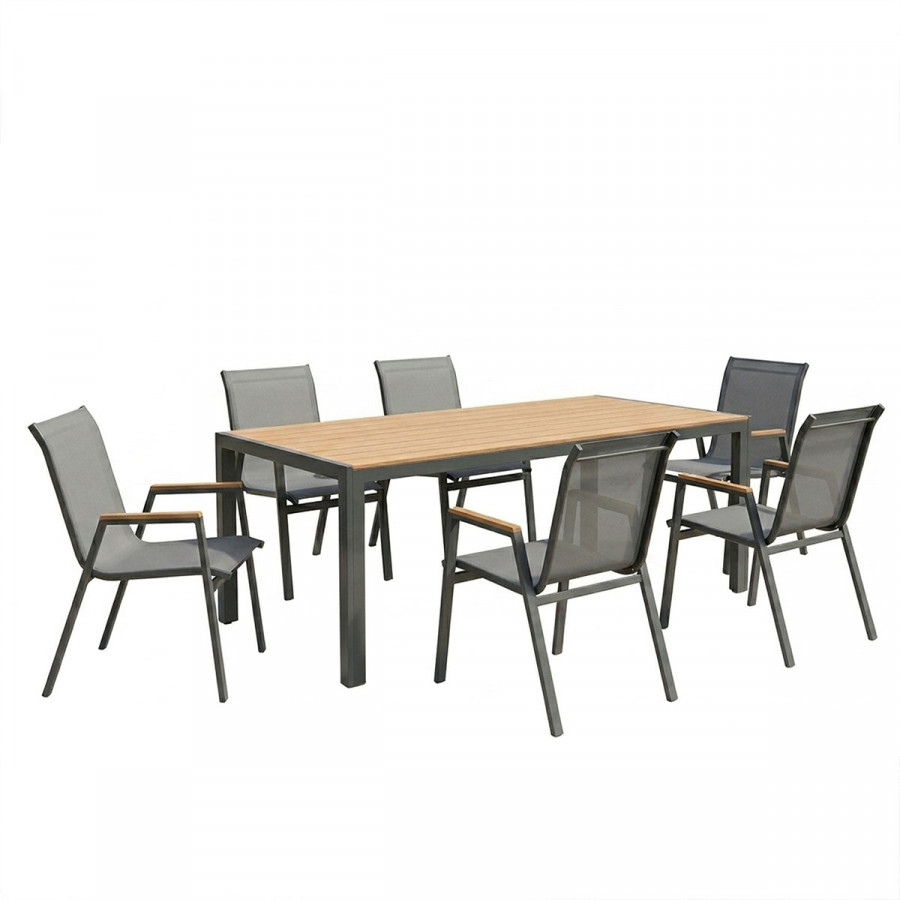 Dining table Nares-Azelie set of 7 pakoworld anthracite aluminum and plywood in natural shade 180x90x72.5cm