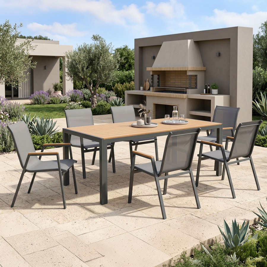 Dining table Nares-Azelie set of 7 pakoworld anthracite aluminum and plywood in natural shade 180x90x72.5cm