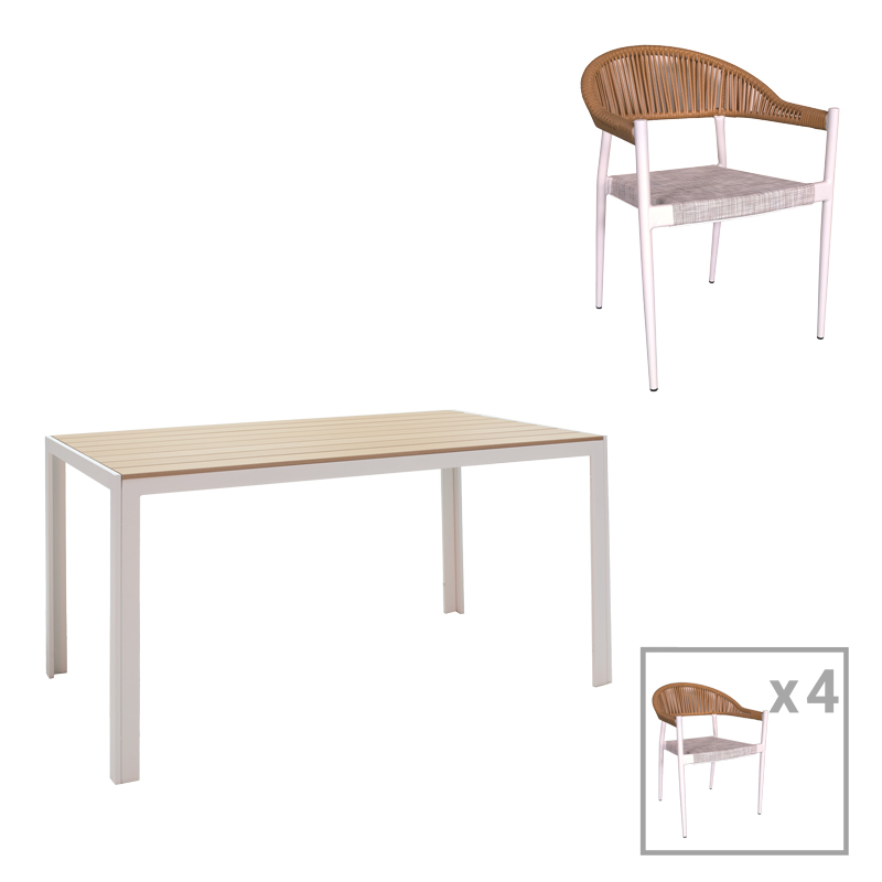 Dining table Nares-Elation set of 5 pakoworld white aluminum and plywood in natural shade 140x80x72.5cm Dining table Nares-Elation set of 5 pakoworld white aluminum and plywood in natural shade 140x80x72.5cm