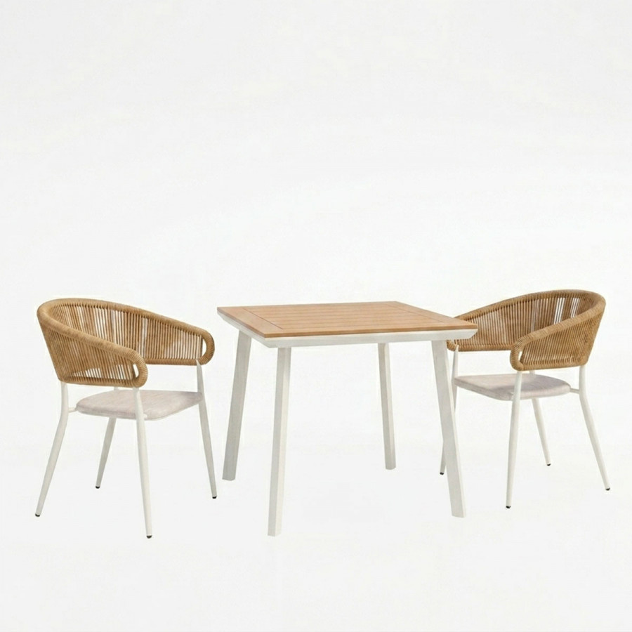 Dining table Synergy-Raven set of 3 pakoworld white aluminum and plywood in natural color 80x80x74cm