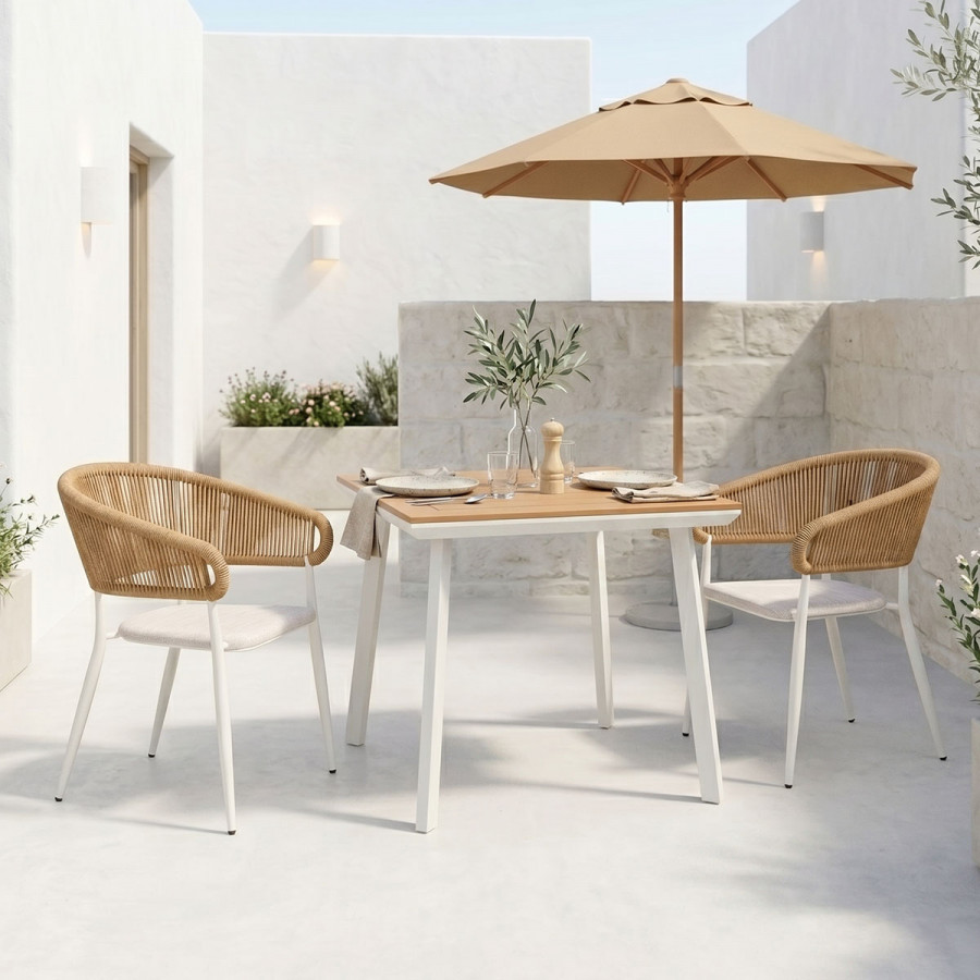 Dining table Synergy-Raven set of 3 pakoworld white aluminum and plywood in natural color 80x80x74cm