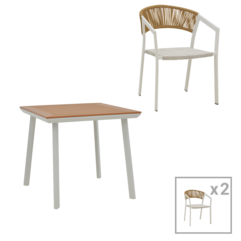 Dining table Synergy-Glisten set of 3 pakoworld white aluminum and plywood in natural color 80x80x74cm Dining table Synergy-Glisten set of 3 pakoworld white aluminum and plywood in natural color 80x80x74cm