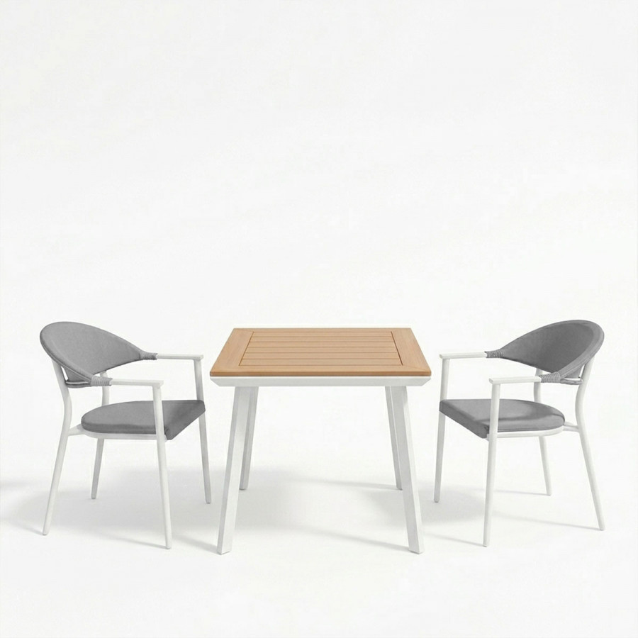 Dining table Synergy-Pino set of 3 pakoworld white aluminum and plywood in natural color 80x80x74cm