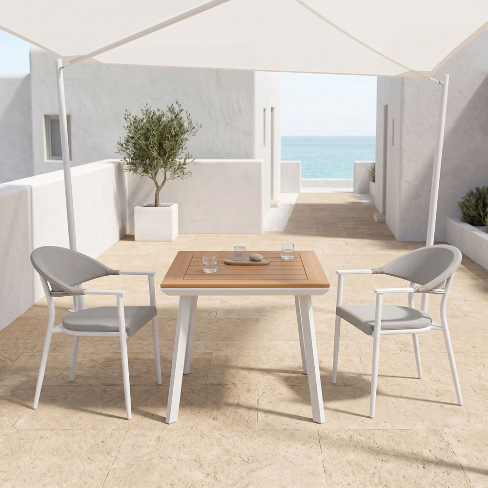 Τραπεζαρία Synergy-Pino σετ 3τεμ pakoworld λευκό αλουμίνιο και plywood σε φυσικό χρώμα 80x80x74εκ