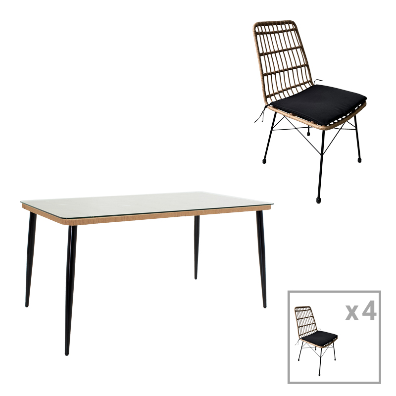 Naoki U dining table set of 5 pakoworld rattan pe in natural shade and black metal 160x90x78cm Naoki U dining table set of 5 pakoworld rattan pe in natural shade and black metal 160x90x78cm