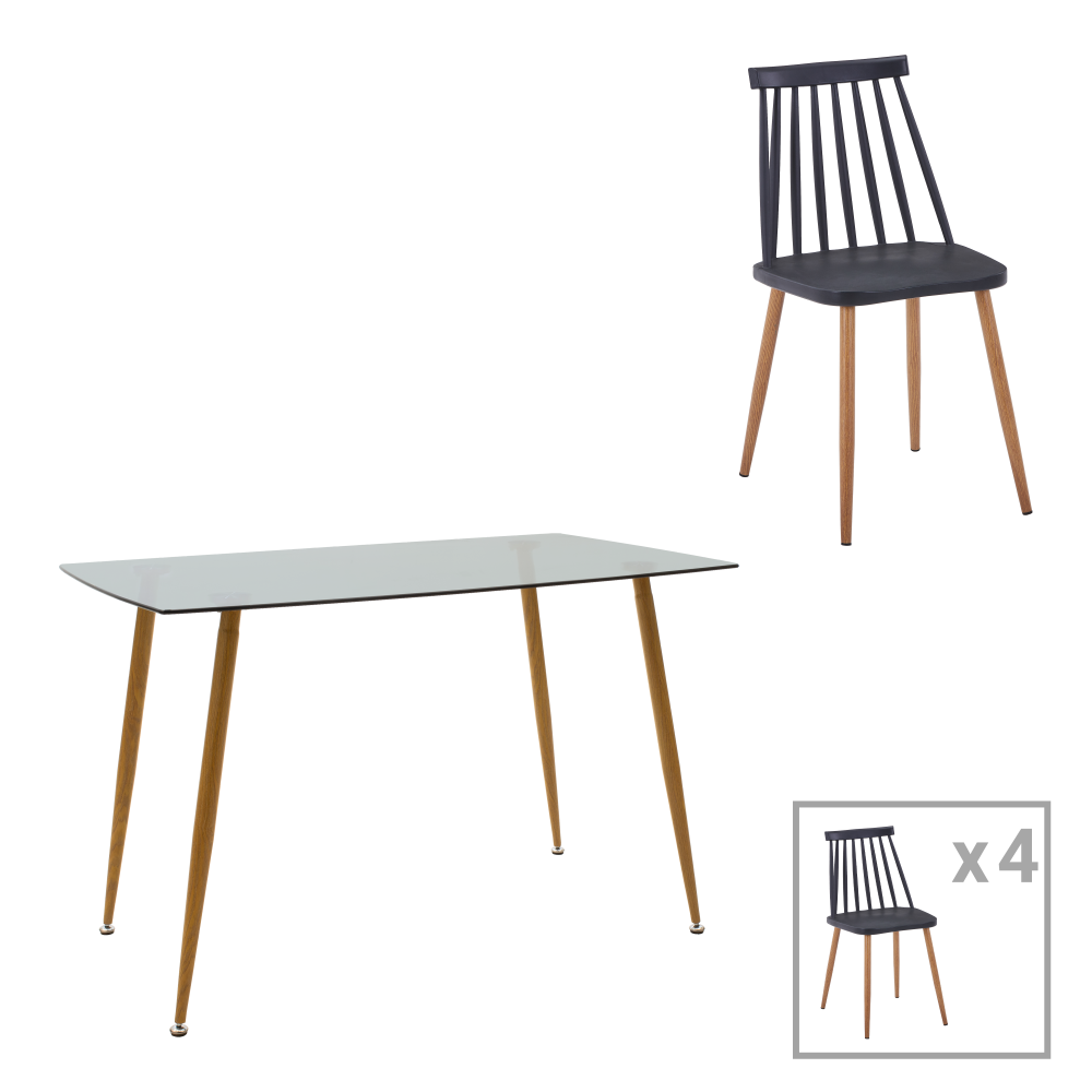 Dining table Chloe-Aurora I pakoworld set of 5 pieces glass 8mm anthracite - natural-black leg 120x70x75cm