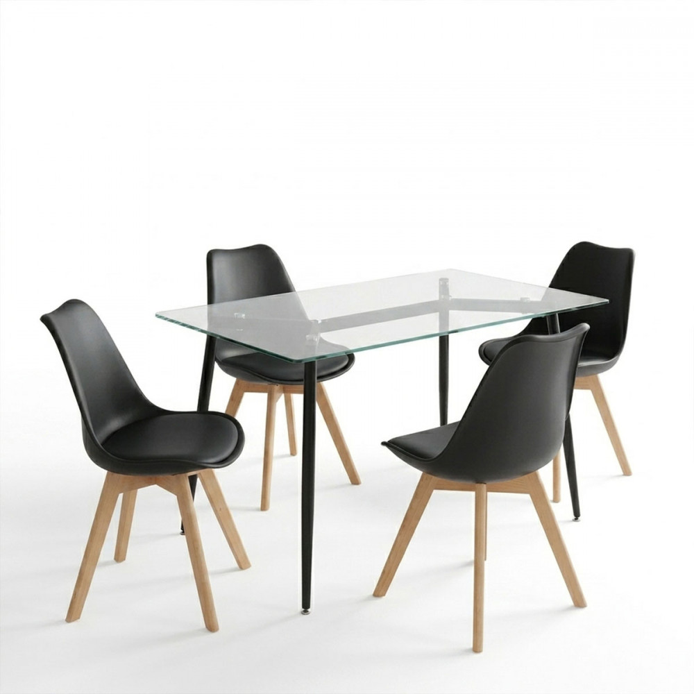 Quana-Gaston pakoworld dining table set of 5 pieces, 8mm transparent glass - black leg - black shade 120x70x75cm