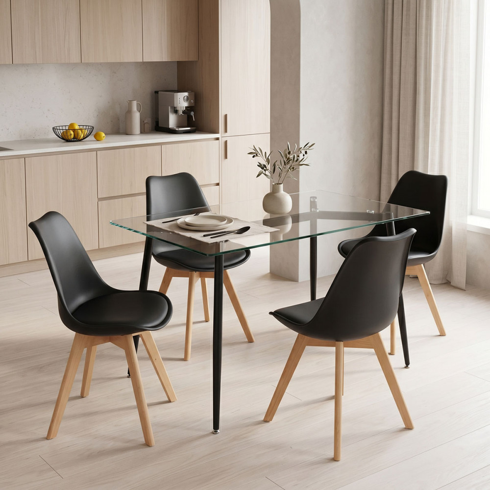 Quana-Gaston pakoworld dining table set of 5 pieces, 8mm transparent glass - black leg - black shade 120x70x75cm