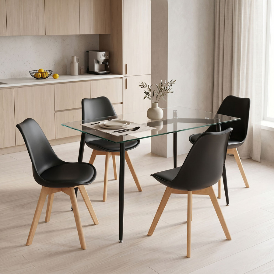 Quana-Gaston pakoworld dining table set of 5 pieces, 8mm transparent glass - black leg - black shade 120x70x75cm
