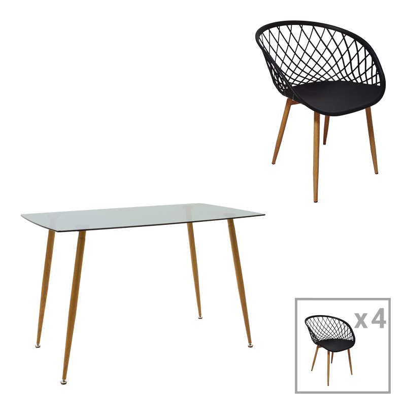 Chloe-Ezra pakoworld dining table set of 5 pieces, 8mm anthracite glass - natural leg 120x70x75cm