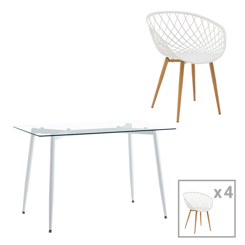 Quana-Ezra dining table pakoworld set of 5 pieces glass 8mm transparent - white leg 120x70x75cm