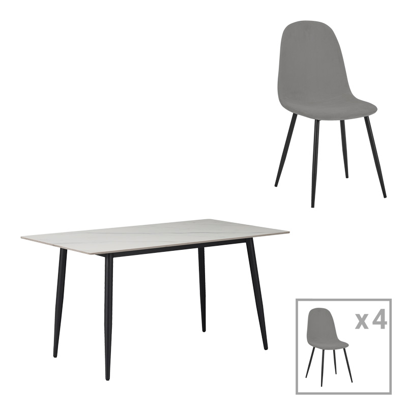 Gustas-Bella pakoworld dining set 5pcs white marble sintered stone-grey velvet 120x60x75cm