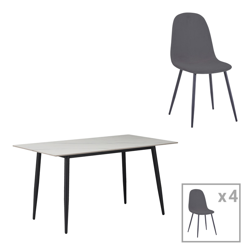 Gustas-Bella pakoworld dining set 5pcs white marble sintered stone-anthracite velvet 120x60x75cm