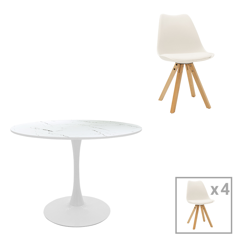 Dining table Balou-Caron set of 5 pcs pakoworld pp-mdf in white-natural shade D100x73cm
