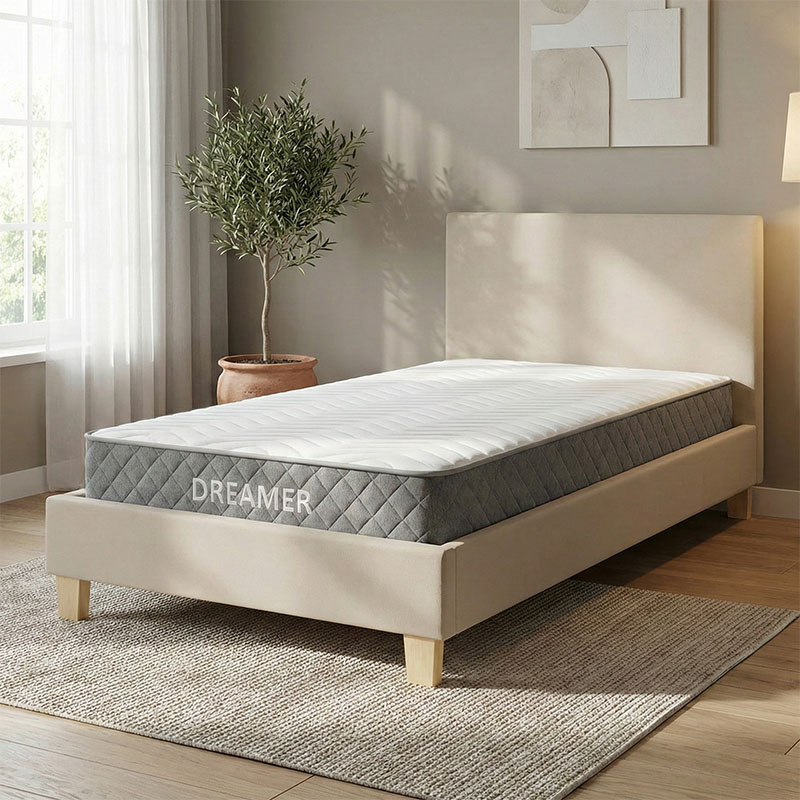 Κρεβάτι με στρώμα Nevil-Dreamer pakoworld ύφασμα μπεζ-ξύλινο πόδι σε φυσική απόχρωση 100x200εκ