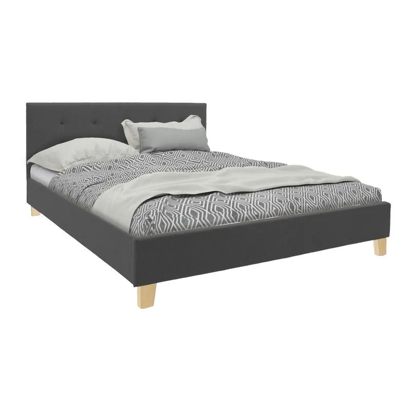 Bed with mattress Mago-Dreamer pakoworld anthracite fabric - wooden leg in natural shade 160x200cm