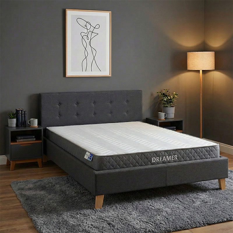 Bed with mattress Mago-Dreamer pakoworld anthracite fabric - wooden leg in natural shade 160x200cm