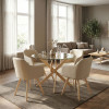 Dining Room with Safira Beige Armchairs and Antoro Glass Table D100x75cm Set of 5pcs