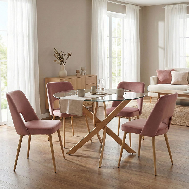 Dining Room with Murde Rotten Apple Chairs and Antoro Glass Table D100x75cm Set of 5pcs
