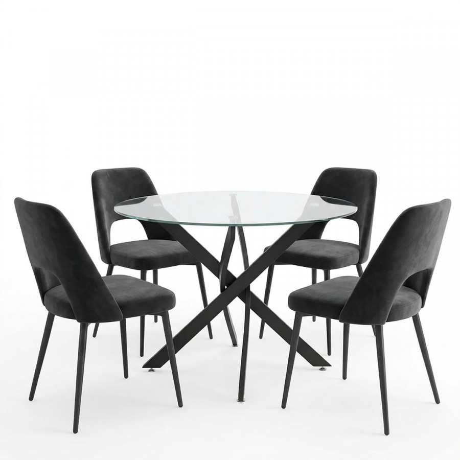 Dining Room with Murde Black Chairs and Antoro Glass Table D100x75cm Set of 5pcs