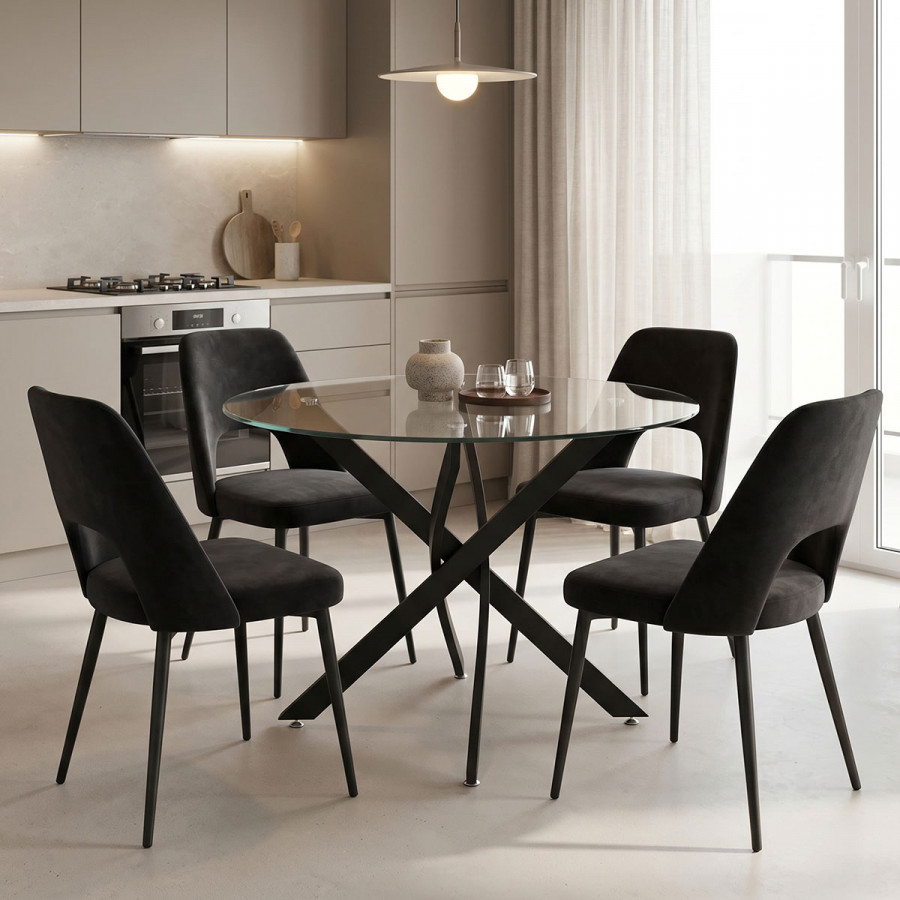 Dining Room with Murde Black Chairs and Antoro Glass Table D100x75cm Set of 5pcs