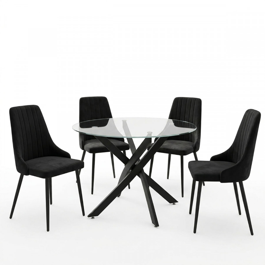 Dining Room with Azori Black Chairs and Antoro Glass Table D100x75cm Set of 5pcs