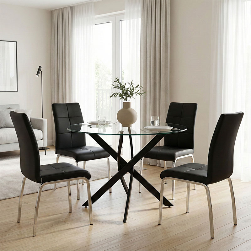 Dining Room with Ariadne Chairs Black and Antoro Glass Table D100x75cm Set of 5pcs