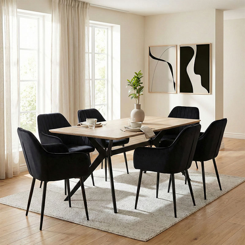 Dining Room with Noor Armchairs Black and Ezali Sonoma Table 160x90x75cm Set of 7pcs