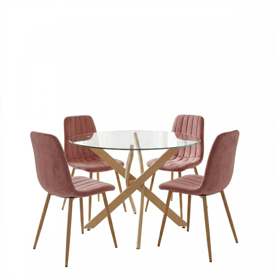 Dining Room with Noor Dusty Rose Chairs and Antoro Glass Table D100x75cm Set of 5pcs