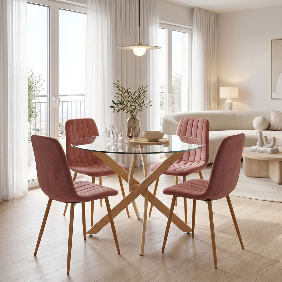 Dining Room with Noor Dusty Rose Chairs and Antoro Glass Table D100x75cm Set of 5pcs