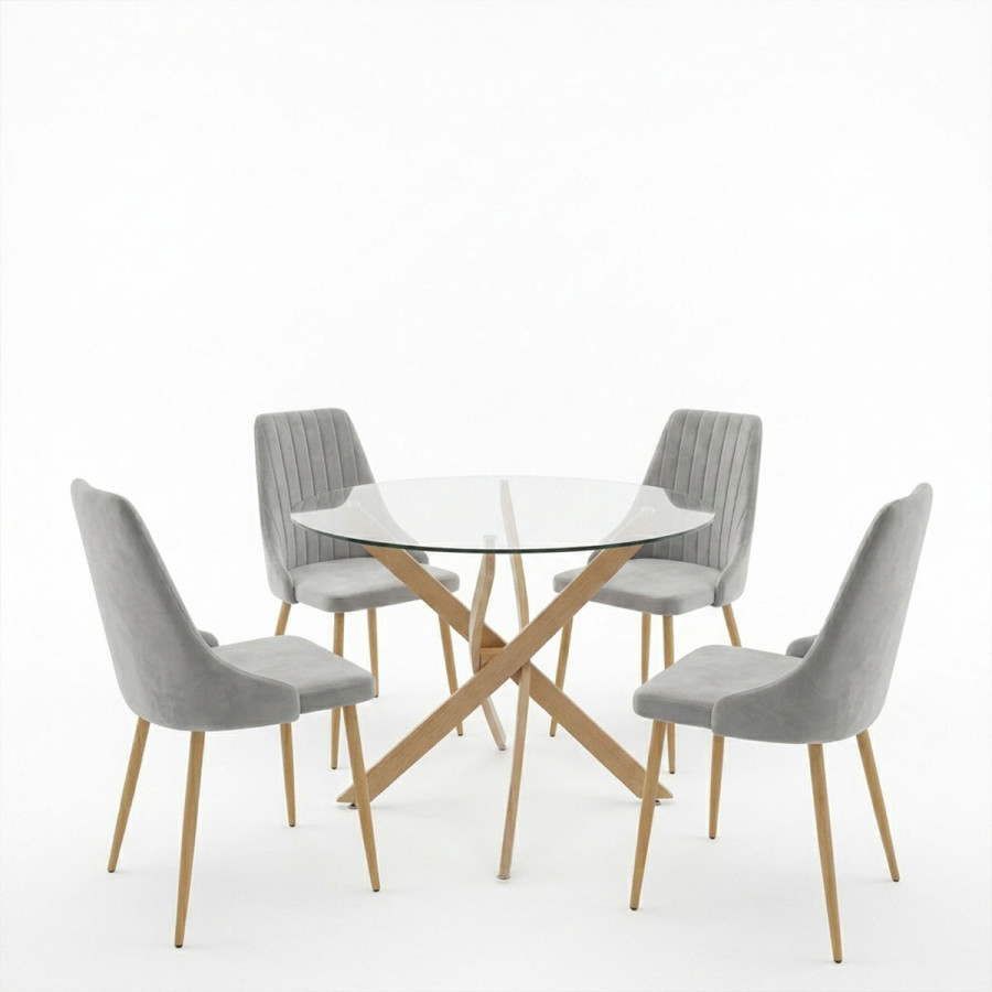 Dining Room with Azori Grey Chairs and Antoro Glass Table D100x75cm Set of 5pcs