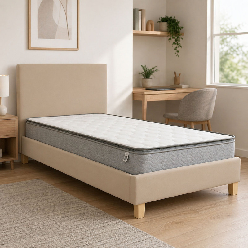 Κρεβάτι με στρώμα Nevil-Perfecto pakoworld ύφασμα εκρού-πόδι φυσική απόχρωση 90x190εκ