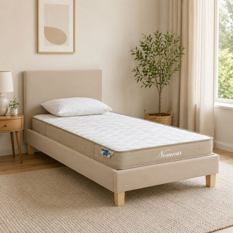 Κρεβάτι με στρώμα Nevil-Nemesis pakoworld ύφασμα εκρού-πόδι φυσική απόχρωση 90x190εκ