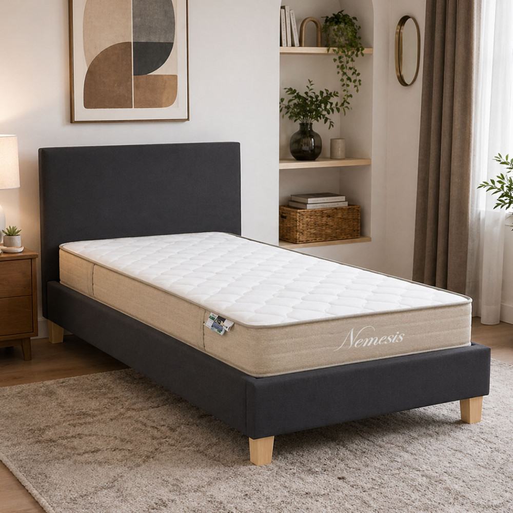 Κρεβάτι με στρώμα Nevil-Nemesis pakoworld ύφαμα ανθρακί-πόδι φυσική απόχρωση 90x190εκ