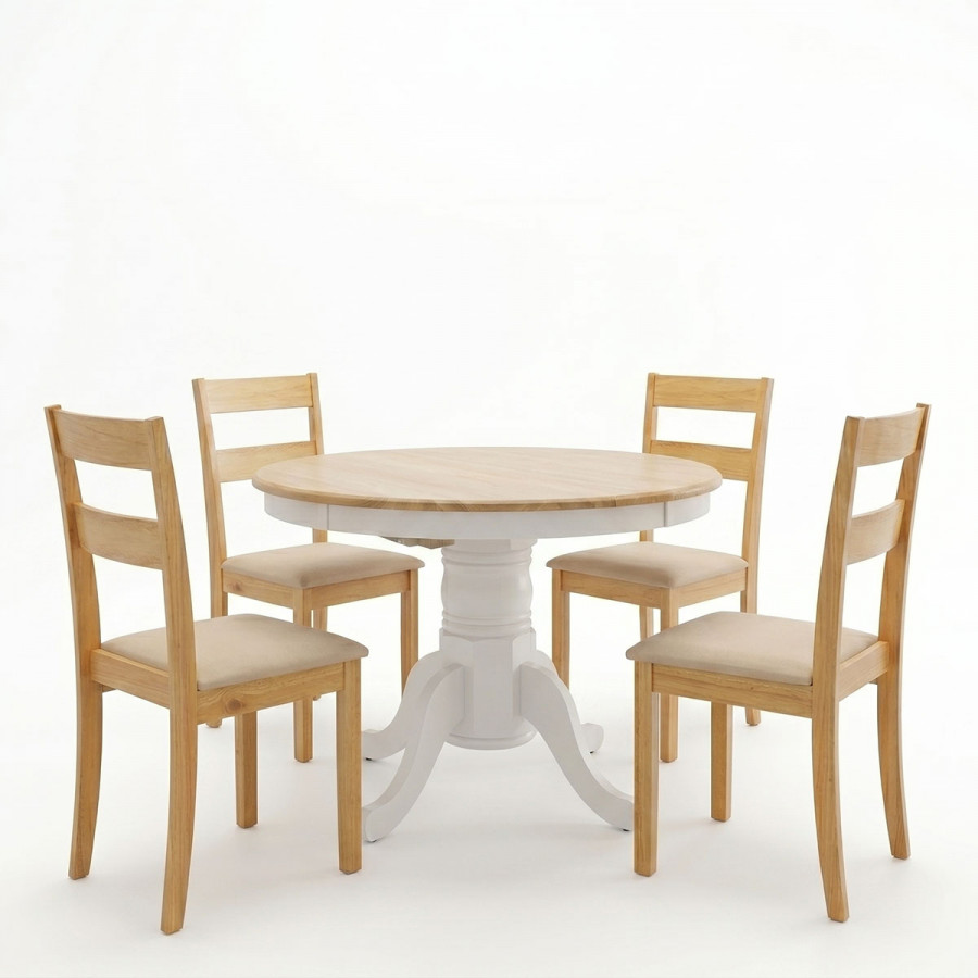 Dining set Dallan Lars pakoworld 5pcs white with natural shade rubberwood Φ100(+38)x100x75cm