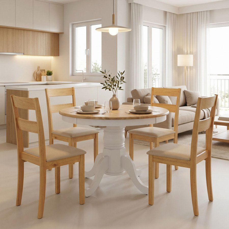 Dining set Dallan Lars pakoworld 5pcs white with natural shade rubberwood Φ100(+38)x100x75cm
